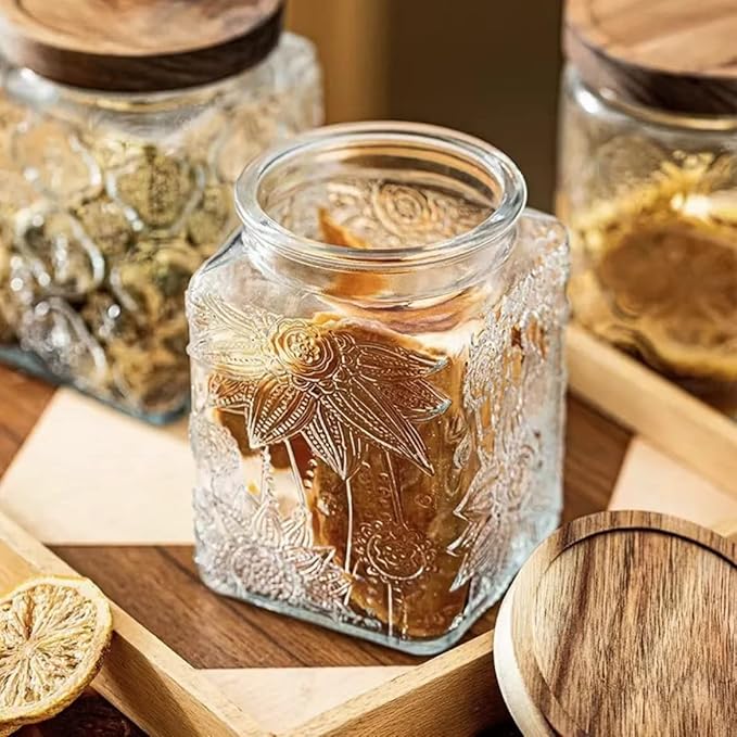 ANSQU Set of 2 Vintage Glass Storage Jars, Glass Food Storage Containers(25.3oz/23.7oz), Candy Jars with Lids for Kitchen Coffee, Tea, Cookie, Sugar, Bath Salts, Cute Jar