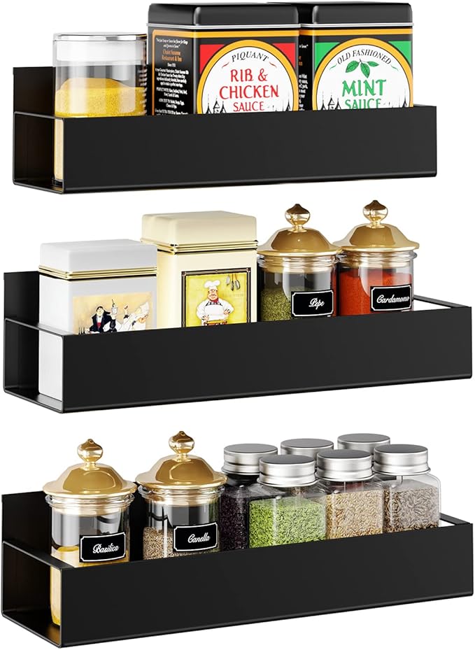 3 Pack Moveable Fridge Magnetic Spice Racks,Metal Black