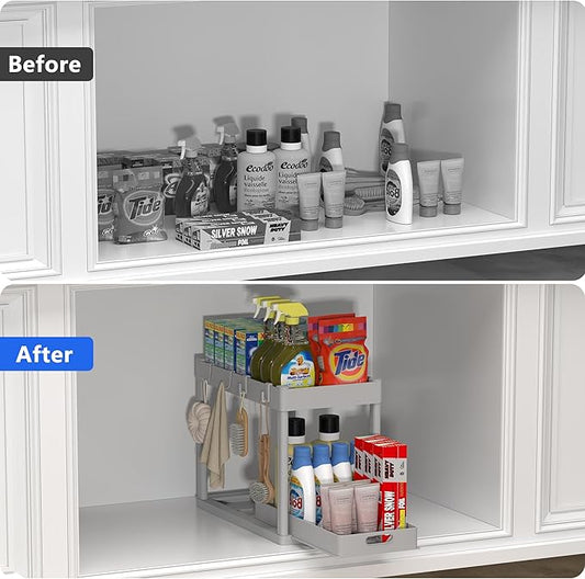 2PC Under Sink Organizer Rack 2 Tier Under Sliding Cabinet Basket Organizer Drawer with 4 Hooks, Multi-purpose Under Sink Storage for Bathroom Kitchen Desktop（Grey）