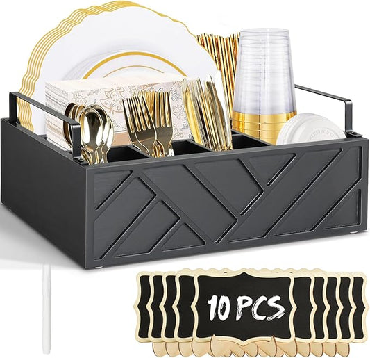 Paper Plate Dispenser with 10 Mini Chalkboard Signs, Wood Paper Plate Holders, Utensil Holder for Party Camping Buffet, Cutlery Flatware Organizer Box, Silverware Caddy for Plate Cup Fork Spoon(Black)