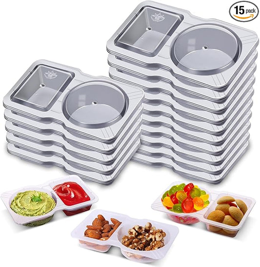 15 Sets Snack Containers, Reusable Double Compartment Condiment With Lids 2 Portion Snack Containers Sauces Dip, Disposable Box to Grab and Go with Prep For Adults, On The Go For Kids