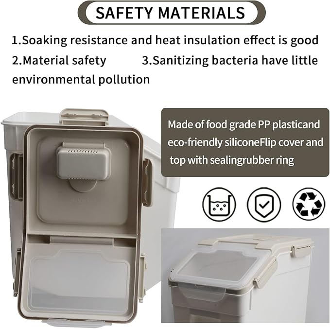 YXQ 25LB Large Flour Storage Container Bin,4 Pack Airtight Plastic with Wheels Seal Locking Lid Dispenser Organizer Storage Bin with Measuring Cup & Scoop for Flour, Rice, Grain 100LBS Total，Grey