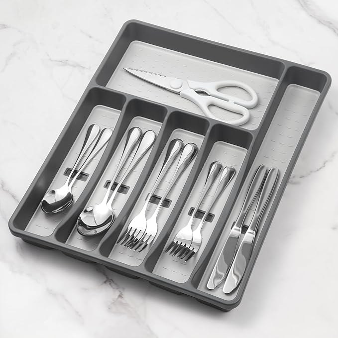 Silverware Organizer with Cutlery Icons，Silverware Tray for Kitchen Drawer，Plastic Flatware Tableware Cultery Drawer Organizer Utensil Organizer with Non-slip TPR Linings，6-Compartment