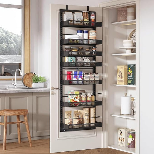 UMDONX Over The Door Pantry Organizer，7-Tier Pantry Organization and Storage with Adjustable Baskets，Metal Hanging Spice Rack with 2 Detachable Guardrails