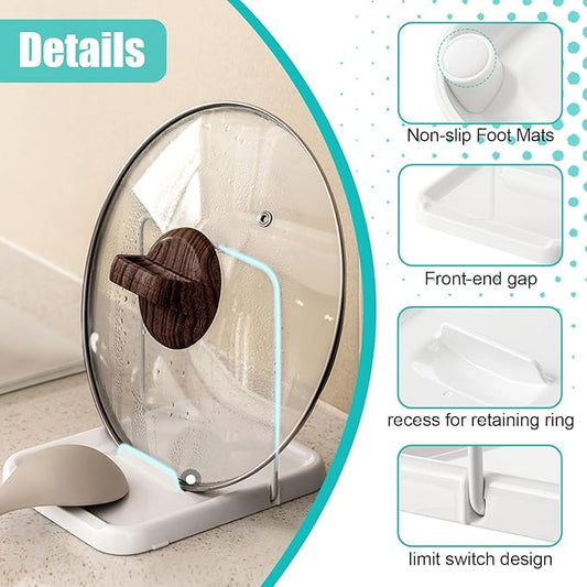 Pot Lid Holder, Spoon Holder for Stove, Foldable Pan Lid Organizer Stand with Nonslip Pads, Multifunctional Utensils Pan Pot Cover Lid Rack Shelf for Kitchen Counter, White