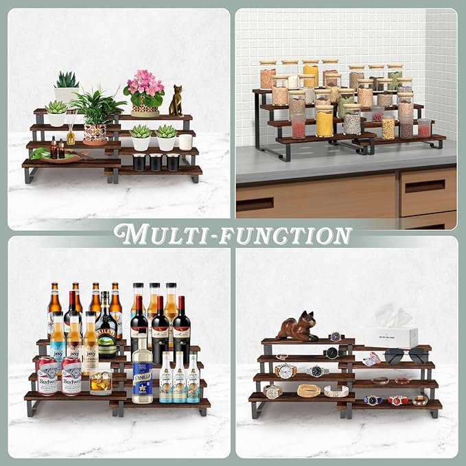 4 Tier Expandable Spice Rack Organizer (13.8” to 26”) Display Riser Stand, Kitchen Cabinet Countertop Pantry Coffee Bar Display Shelf for Spice, Liquor, Figure (2Pack-4Tier-Rustic Brown)