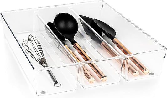 Kitchen Utensils Organizer | Utensil Tray Holder | Large Non-Slip Cutlery Drawer Organizer, 3 Compartment Multi-Purpose Home Organization, Clear Acrylic