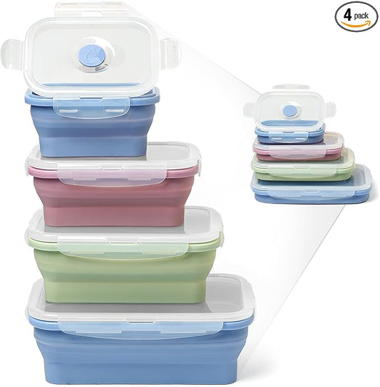 ICHC Set of 4 Collapsible Food Storage Containers - Space-Saving Silicone Meal Prep Boxes, Airtight and Stackable Lunch Containers, Microwave and Freezer Safe