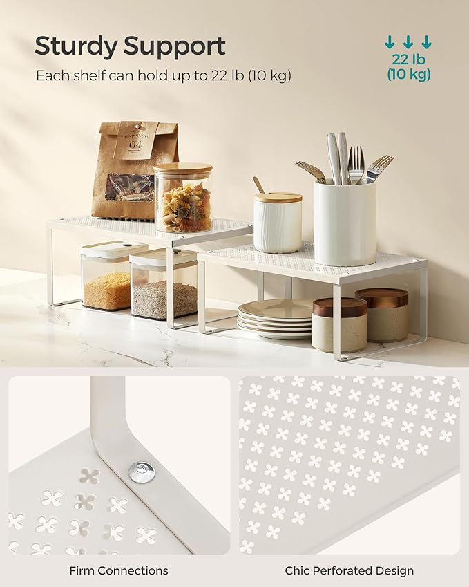 SONGMICS Spice Racks, Cabinet Shelf Organizers, Shelf Organizers, Countertop Organizers, Shelf Risers, Stackable, Expandable, Set of 4 Metal Kitchen Counter Shelves, Oatmeal Beige UKCS006K01