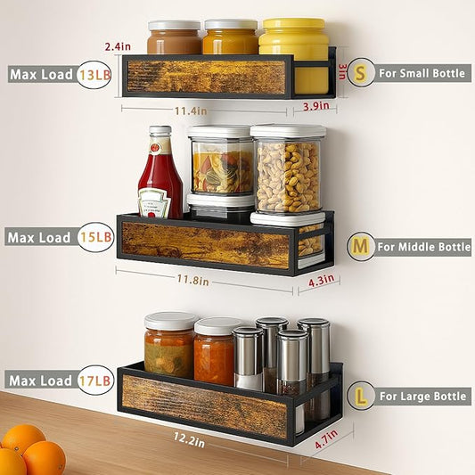 Spice Rack Wall Mount, 3 Pack Engineered Wooden Wall Mounted Hanging Spice Rack Organizer for Cabinet, Pantry Door, Easy Install Seasoning Organizer (3 Pack, Adhesive Or Screw Installed)