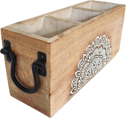 VANIYA CRAFTSR® Handmade Wooden Carved Design Compartments Cutlery Utensil Holder For Napkins, Spoons, Forks, Tissues, Knife (Natural White Finish)
