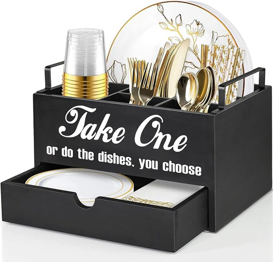 Paper Plate Holder Countertop, Utensil Caddy with Drawer, Black, 6 Compartments, 1 Drawer, Space Saving, Convenient to Carry, Sturdy, Easy Cleaning, Ideal Gift Idea