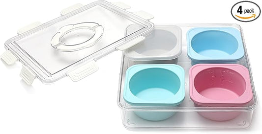 500ml Pizza Dough Proofing Containers for DIY family Artisan Pizza, Food Grade Silicone Stackable Boxes with Lids-4 Pack (Four-color containers with carry-on tray)
