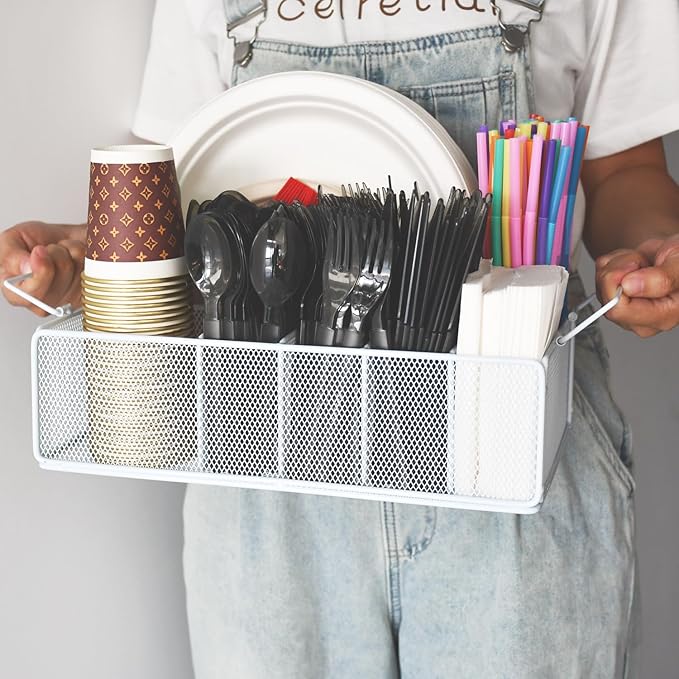 Paper Plate Organizer For Kitchen Countertop, Metal Silverware Caddy With 6 Compartments For Plate, Cup,Napkin,Paper Plate And Utensil Holder Caddy For Barbecue,Party,Camping,Picnic (BLACK)