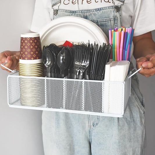 Paper Plate Organizer For Kitchen Countertop, Metal Silverware Caddy With 6 Compartments For Plate, Cup,Napkin,Paper Plate And Utensil Holder Caddy For Barbecue,Party,Camping,Picnic (BLACK)