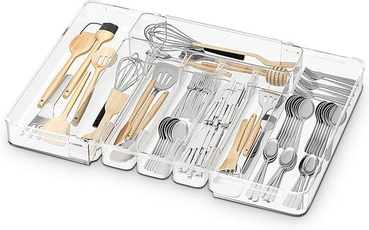 Acina Silverware Organizer for Kitchen Drawers: Expandable Cooking Utensil Tray - Adjustable Cutlery Flatware Holder - Spatula Tools Gadgets Storage Divider Clear (Expandable Tray with 8-Drawers)
