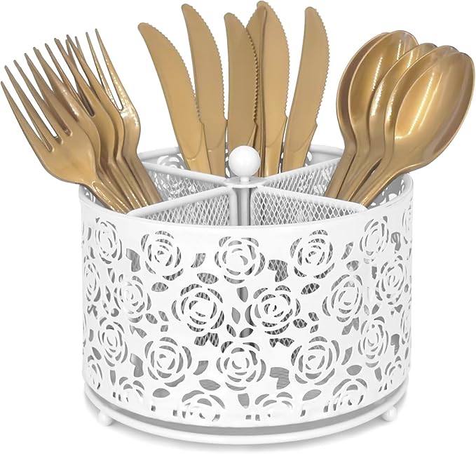 360° Rotating Metal Silverware Caddy - 4 Compartment Utensil Cutlery Holder Fork Spoon Napkin Organizer Flatware Storage Basket Party Countertop Buffet Picnic Camping Outdoor (White)