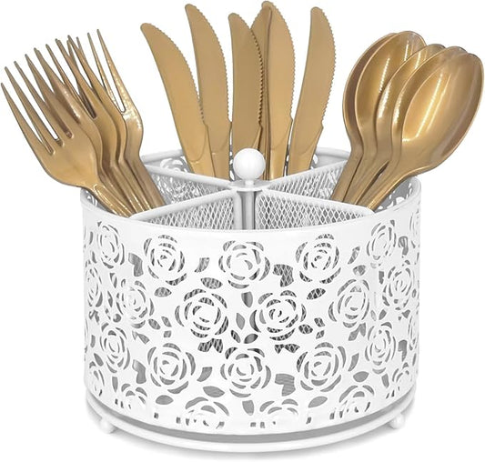 360° Rotating Metal Silverware Caddy - 4 Compartment Utensil Cutlery Holder Fork Spoon Napkin Organizer Flatware Storage Basket Party Countertop Buffet Picnic Camping Outdoor (White)