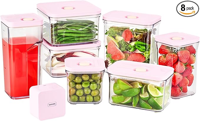 Premium Airtight Food Storage Containers ROSE 8P/SET, 6pcs Container, 1pcs Water Pitcher and Vacuum Sealer. Patented Double Silicone Lining, 100% Leak Proof, BPA-FREE
