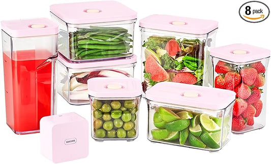 Premium Airtight Food Storage Containers ROSE 8P/SET, 6pcs Container, 1pcs Water Pitcher and Vacuum Sealer. Patented Double Silicone Lining, 100% Leak Proof, BPA-FREE