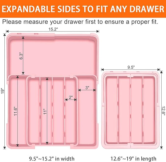 Silverware Organizer Expandable Silverware Drawer Organizer Adjustable Drawer Organizer, Flatware Cutlery Tray for Spoons Forks Knives Kitchen Organizers Storage,Pink