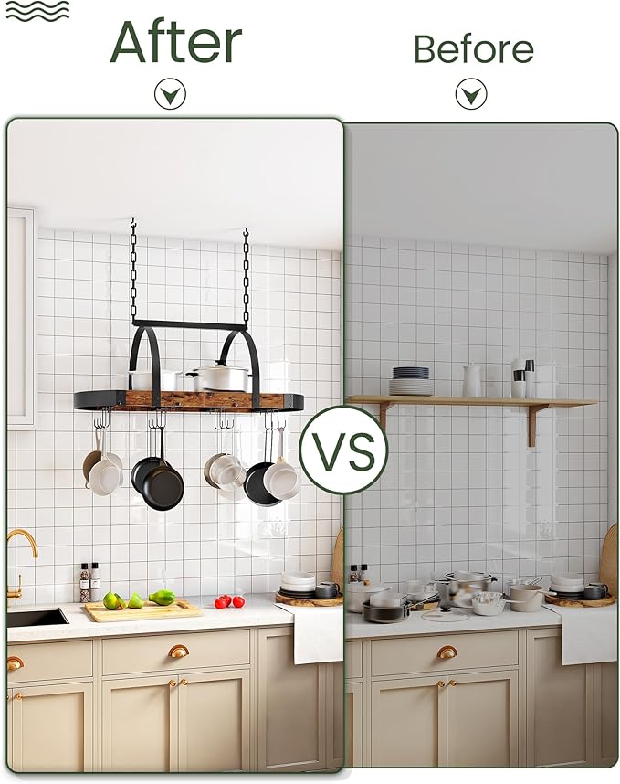Hanging Pot Rack, Pot Hanger for Kitchen, Ceiling Mounted Pot Holder, Cookware Organizer with 12 S-Shaped Hooks, for Pot, Pan Storage, Space-Saving, Rustic Brown and Black TPR08BFC1