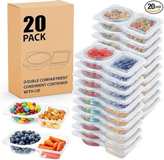 Double Compartment Condiment Containers, 20 Sets, Portion Cups with Lids for Sauce and Snacks (20)