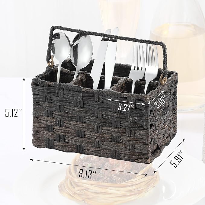 Silverware Holder for Party Plastic Utensil Holder Wicker Silverware Caddy Cutlery Holder with Handle Spoon and Fork Organizer Brown Utensil Caddy for Kitchen Counter