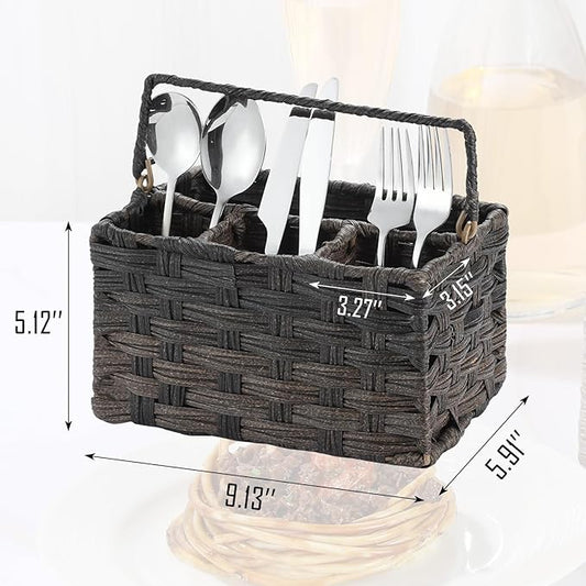 Silverware Holder for Party Plastic Utensil Holder Wicker Silverware Caddy Cutlery Holder with Handle Spoon and Fork Organizer Brown Utensil Caddy for Kitchen Counter
