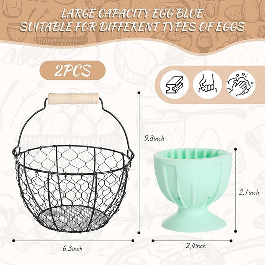 2 Pcs Egg Basket With Handle,Wire Egg Basket for Gathering Fresh Eggs, Round Egg Collecting Basket for Farm,Vintage Style Chicken and Duck Eggs Basket Egg Countertop Storage Container Holder
