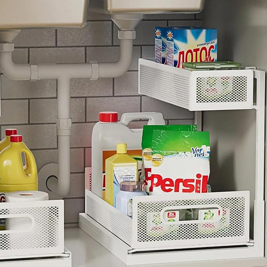 Undersink Organizers 2-Tier Under Cabinet Pull Out Storage with Sliding Out Drawers, Under Sink Organizer for Bathroom Kitchen Durable Wire Rack Shelf Space-Saving Organization, White 1 Pack