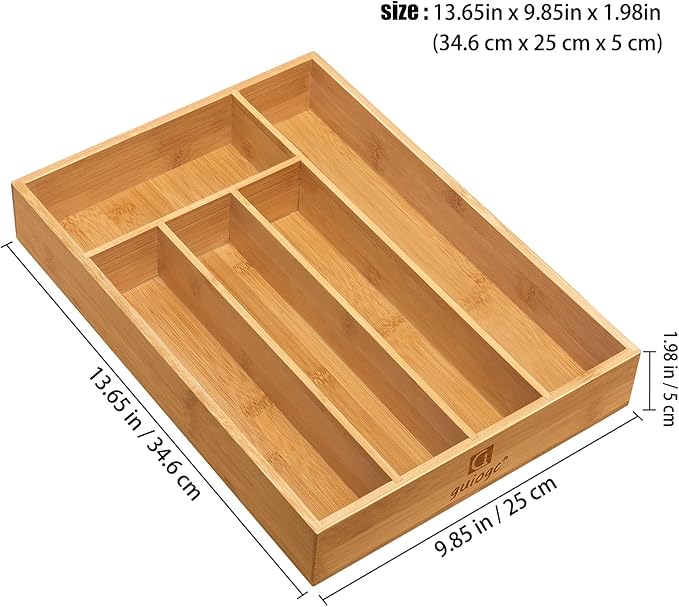 Kitchen Bamboo Silverware Drawer Organizer，Silverware Organizer and Cutlery Tray with Grooved Drawer Dividers for Silverware, Knives in Kitchen, Bedroom (5 Slot-Natural)