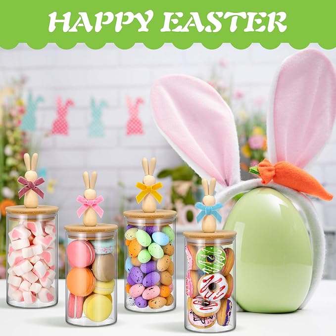Nitial 4 Pcs Easter Glass Jar with Cap Bunny Ear Egg Clear Candy Jar Decorative Food Storage Canister with Airtight Ceramic Lid for Eater Party Tea Cookie Table Decoration (22 oz,Wooden Rabbit)