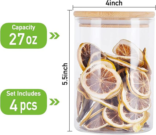 4 Pack Glass Storage Jars with Airtight Bamboo Lid, 27 OZ Glass Kitchen Canisters, Clear Container for Coffee Bean Storage, Dry Goods, Cookie, Candy, Tea, Spices and More