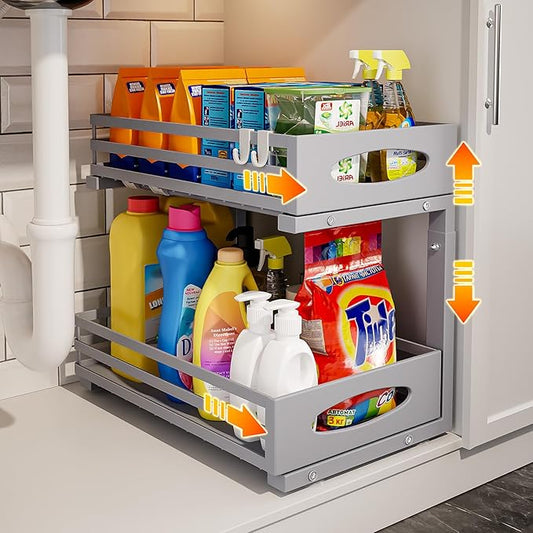 Under Sink Organizers and Storage, Pull Out Kitchen Cabinet Organizer, 2 Tier Slide Out Steel Under Sink Storage Shelf for Kitchen Pantry Bathroom (Grey, 1Pack)