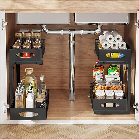 Under Sink Organizer, 2-Tier Put Out Cabinet Organizer, Adjustable Rust Proof Under Sink Organizers and Storage, Kitchen Undersink Organizers for Kitchen, Bathroom, Cabinet, Counter, 2 Pack, Black
