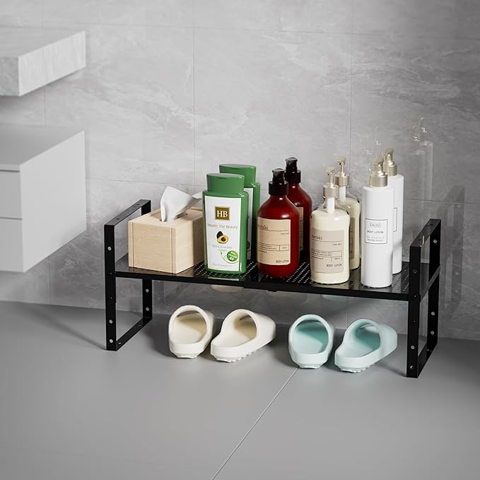 Cabinet organizer shelf,Expandable Adjustable Stackable Kitchen Organizer,Metal shelf risers for cabinets, kitchens and desks(1Pack/Black/Large)
