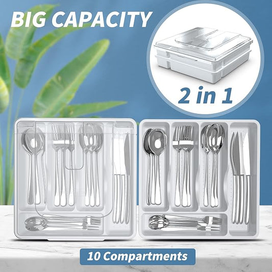 2 Layer Large Silverware Tray with Lid,Stackable Utensil Organizer for Countertop,Removable Tray for Flatware Organizer, White