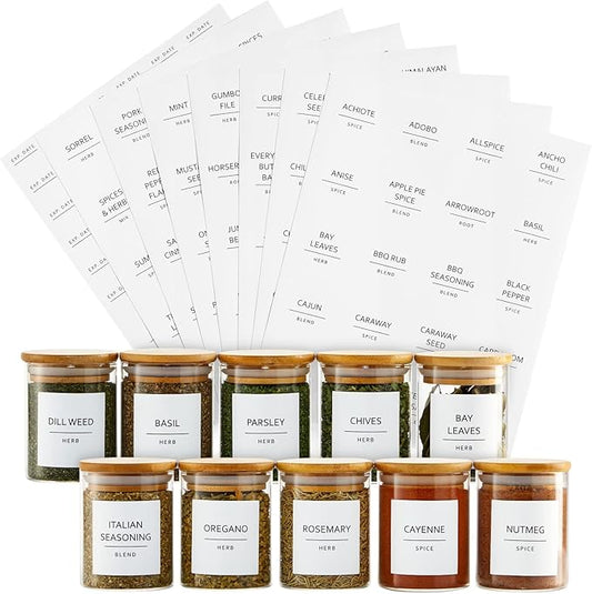 Talented Kitchen 184 Spice Labels & Stickers for Herbs - Water-Resistant Preprinted White Jar Labels for Pantry Organization, Minimalist Black Text, Numbers & Dates