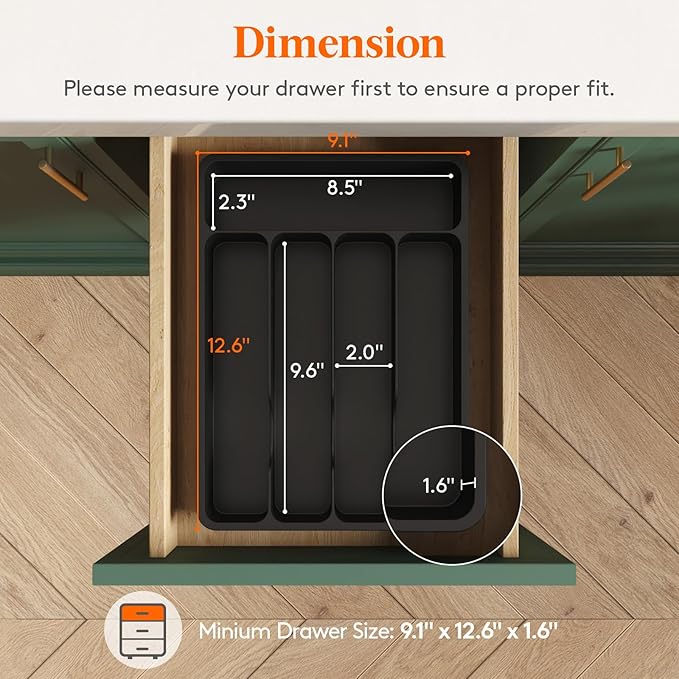 Lifewit Silverware Drawer Organizer Tray, Plastic Cutlery Storage for Kitchen Drawer, Flatware and Utensil Holder Divider for Spoons Forks Knives Tableware, 5 Compartment, Black