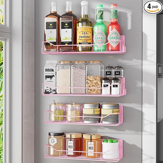 Magnetic Spice Rack for Refrigerator, 4 Pack Metal Strong Magnet Spice Organizer Shelves, Magnetic Fridge Shelf for Kitchen Seasoning Organizer Gadgets, Home Organization and Storage (Pink)