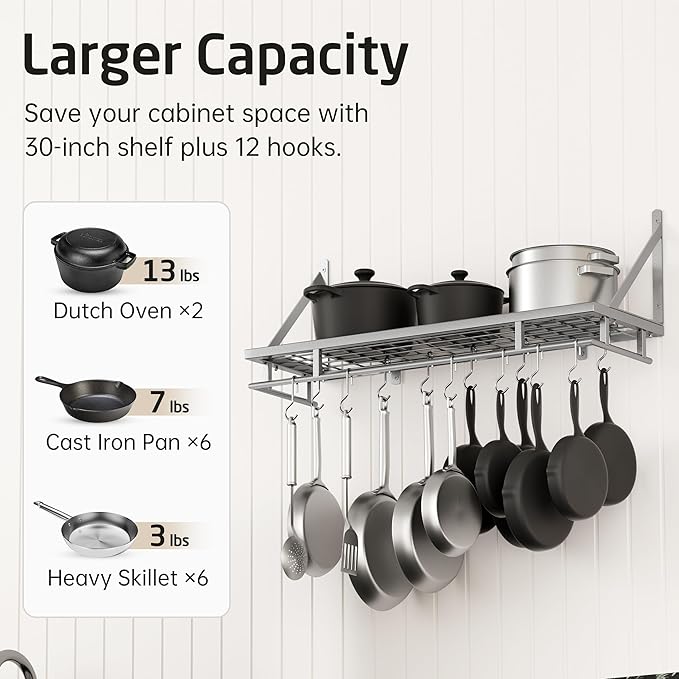 KES 30-Inch Silver Gray Pot Rack, Wall MountedHanging Pot and Pan Organizer with 12 Sturdy Hooks, Kitchen Wall Hanger Shelves Modern, KUR215S75A-SG