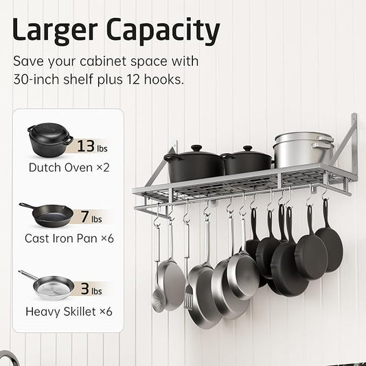 KES 30-Inch Silver Gray Pot Rack, Wall MountedHanging Pot and Pan Organizer with 12 Sturdy Hooks, Kitchen Wall Hanger Shelves Modern, KUR215S75A-SG