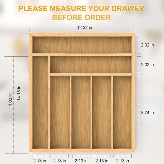 Bamboo Kitchen Drawer Organizer, Utensils Organizer Cutlery Tray Holder, 7-Slot Drawer Divider for Silverware, Flatware