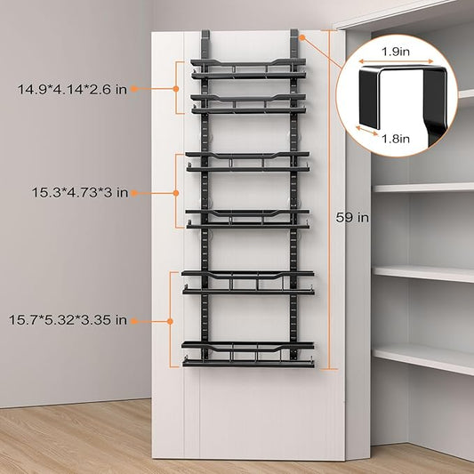 Over The Door Pantry Organizer, 6-Tier Over The Door Organizer with Adjustable Baskets, Metal Hanging Spice Rack for Pantry Organizers and Storage, Suitable for Kitchen Laundry Room & Bathroom, Black