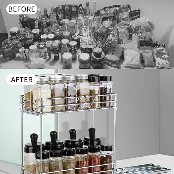 Spice Rack Organizer for Inside Cabinet, Pull Out Spice Rack 2 Tier, Heavy Duty Sliding Spice Cabinet Organization Shelf Rack, Slide Out Seasoning Kitchen Organizer Under Sink Organizers