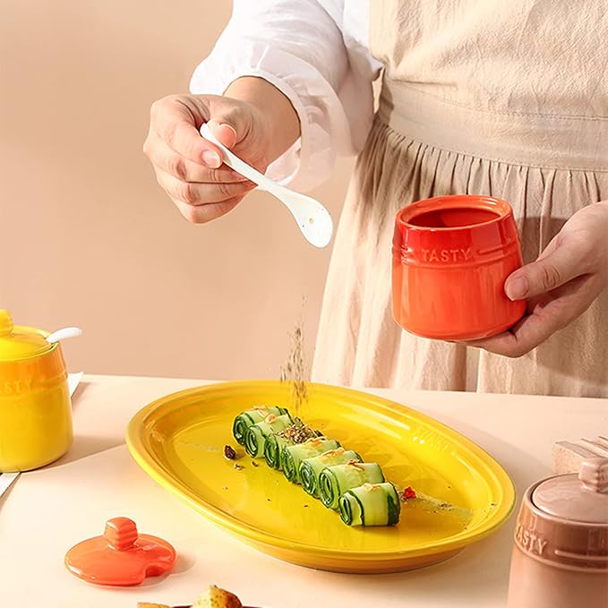 2pcs Salt Cellar Set, Ceramic Salt Cellar With Lid & Spoon,Sugar Bowl,Salt and Pepper Shaker Set Spice Jars for Kitchen Storage(Orange Yellow)