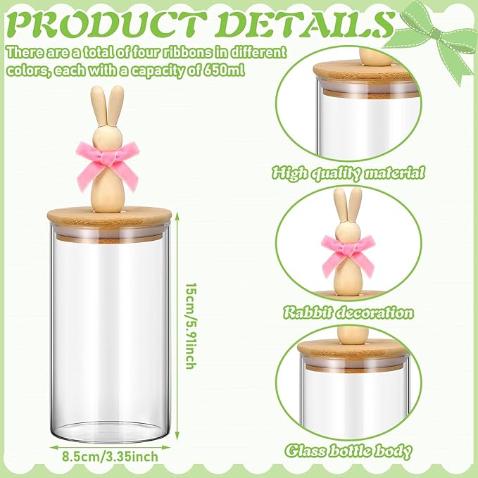 Nitial 4 Pcs Easter Glass Jar with Cap Bunny Ear Egg Clear Candy Jar Decorative Food Storage Canister with Airtight Ceramic Lid for Eater Party Tea Cookie Table Decoration (22 oz,Wooden Rabbit)