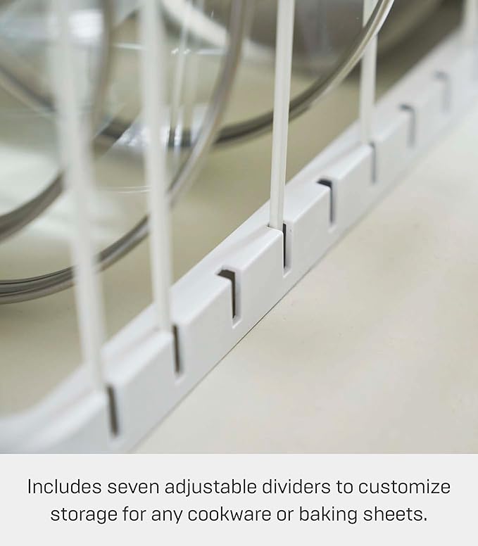 YAMAZAKI home 3840 Adjustable Lid & Pan Organizer-Kitchen Drawer Storage Shelf Rack, One Size, White