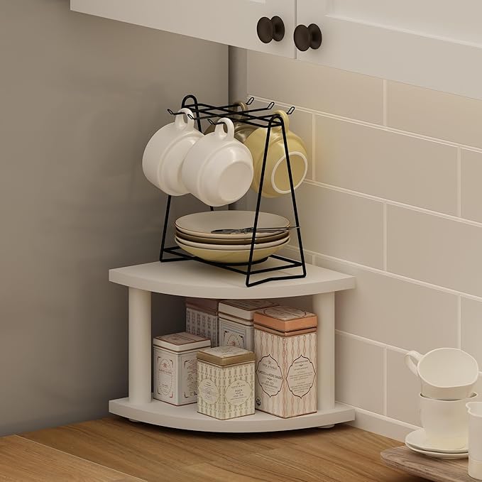 Furinno Turn-N-Tube 2-Tier Corner Countertop Organizer Shelf, White/White